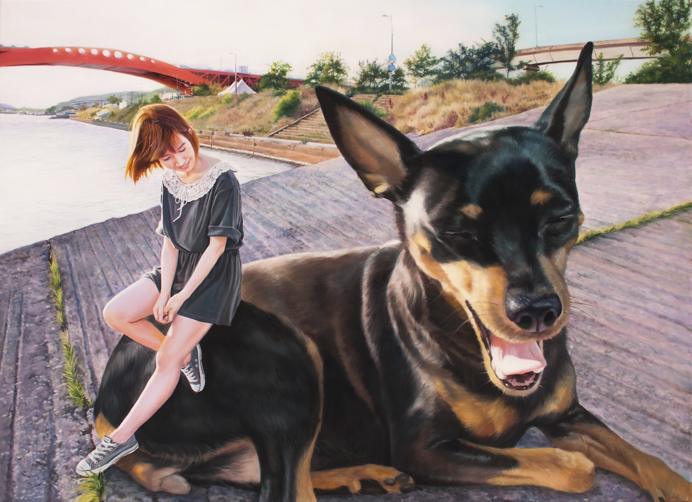 Девочка и большая собака арт