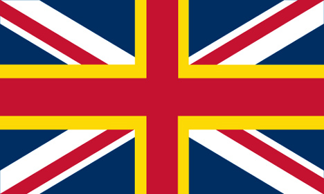 The union jack flag with gold St David's cross added.