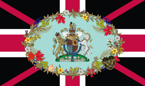 Design with the Royal Coat of Arms added and surrounded by a garland of items symbolic of the Commonwealth nations.