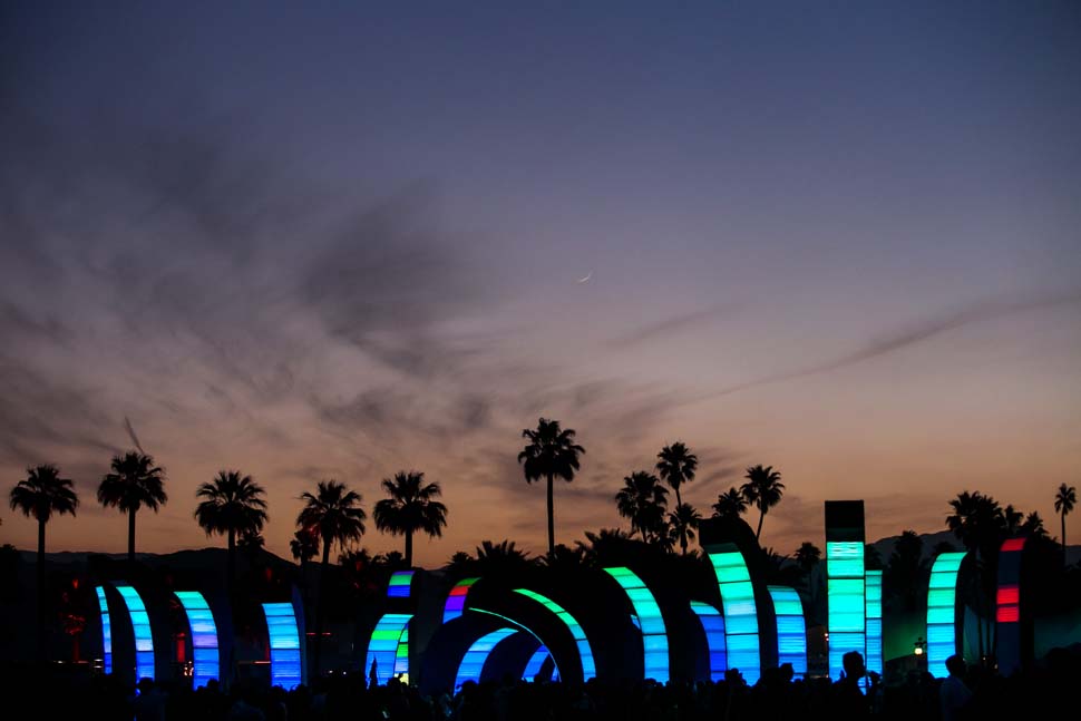 INDIO, CALIF. -- SUNDAY, APRIL 19, 2015: Dusk sets over the' Chrono Chromatic' sculpture during Week 2 of the Coachella Valley Music and Arts Festival in Indio, Calif., on April 19, 2015. (Marcus Yam / Los Angeles Times)